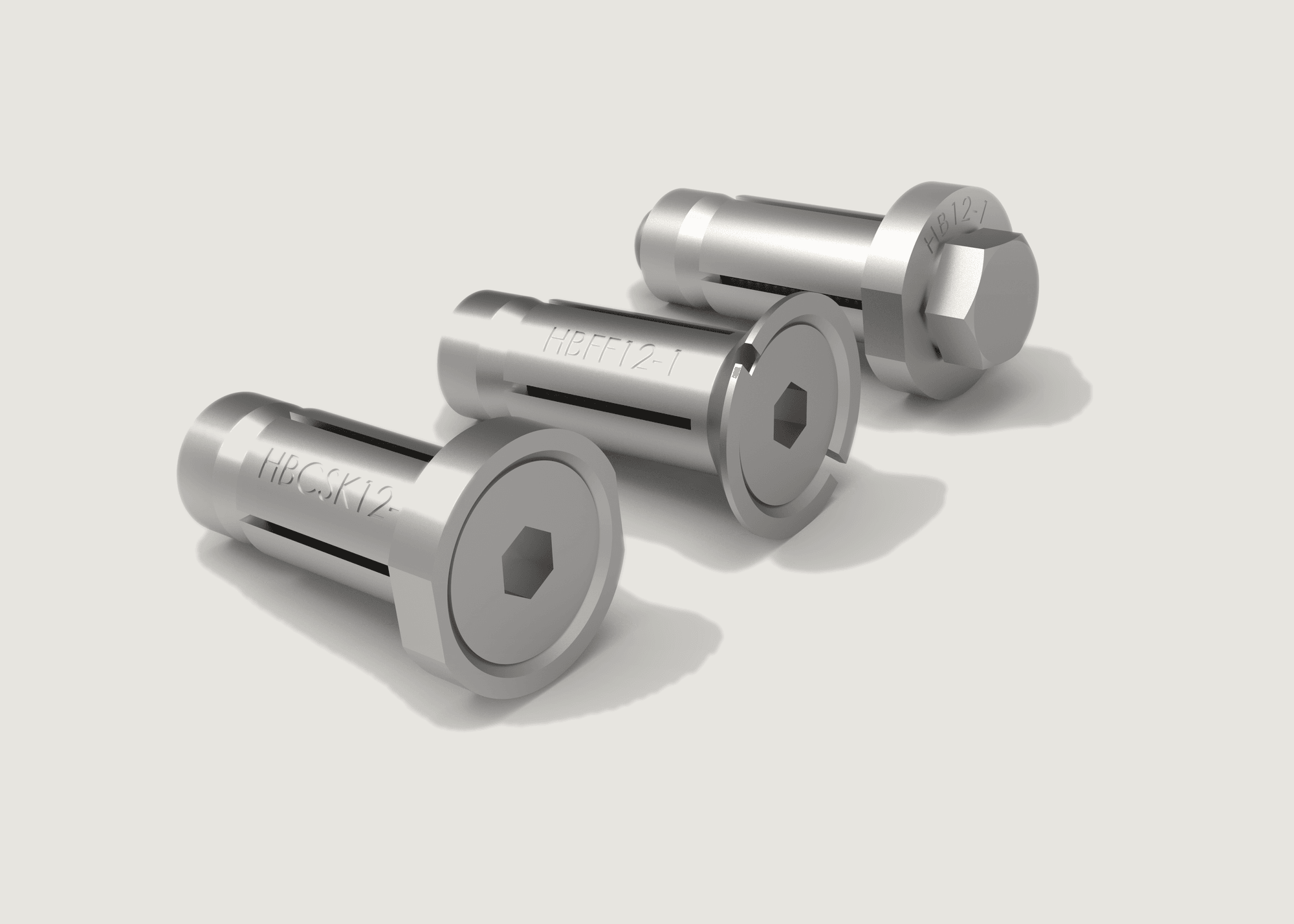 Lindapter Hollo-Bolt expansion bolts in hex, countersunk, and flush-fit heads